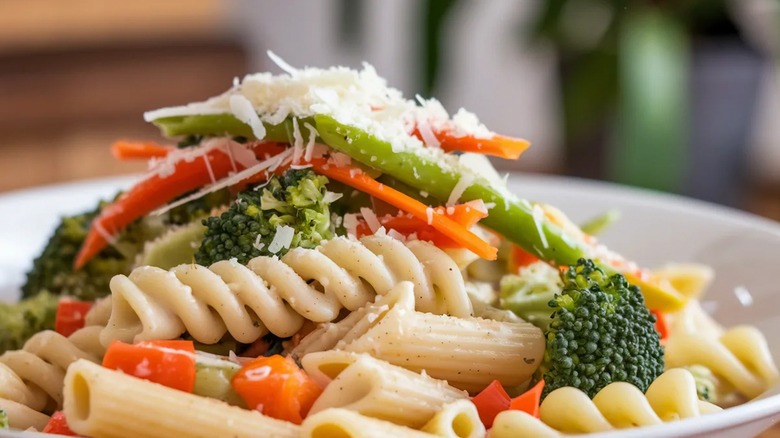 close-up of pasta primavera with cheese