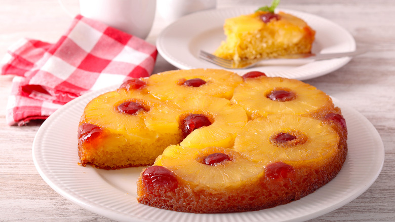 Plates of pineapple upside-down cake
