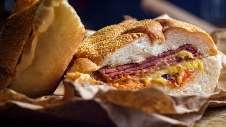A pork roll sandwich with cheese on a kaiser roll commonly served in New Jersey.
