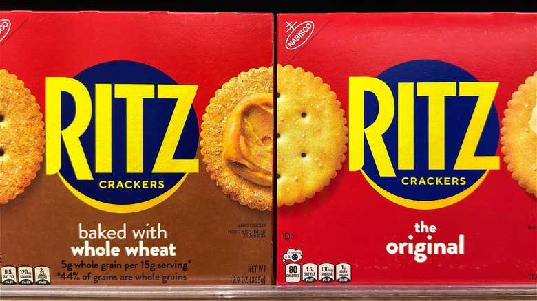 One box of Ritz whole wheat crackers next to one box of Ritz original crackers