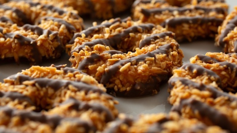 Rows of Samoa Girl Scout cookies laying flat on a surface.