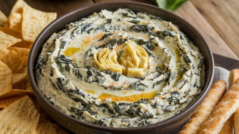 A bowl of warm spinach and artichoke dip with crackers and bread on either side of it for dipping.