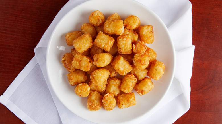 A pile of tater tots sit on a plate