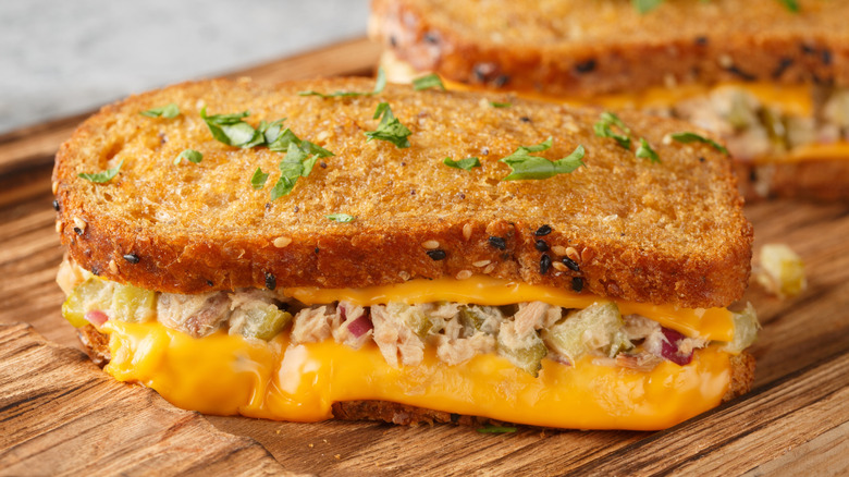 Tuna melt on a wooden board