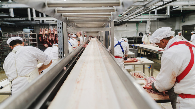 Workers at a meat packing plant line either side of a conveyor belt