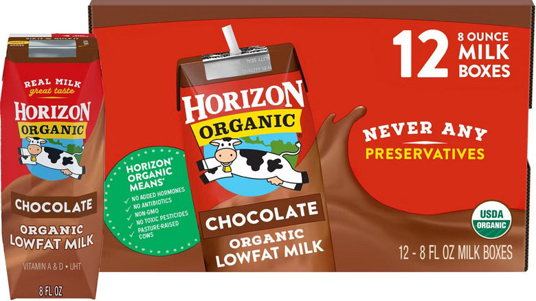A 12-pack of Horizon Organic Chocolate Milk nex to a single box