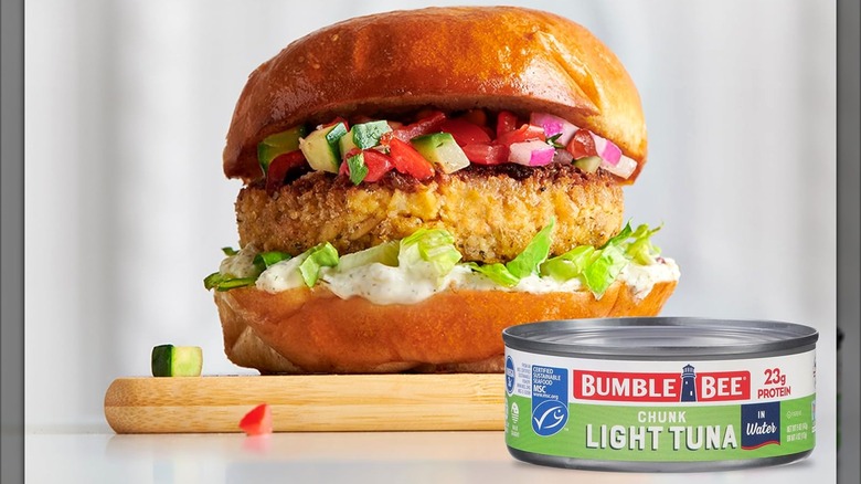 Can of Bumble Bee Tuna in front of tuna sandwich
