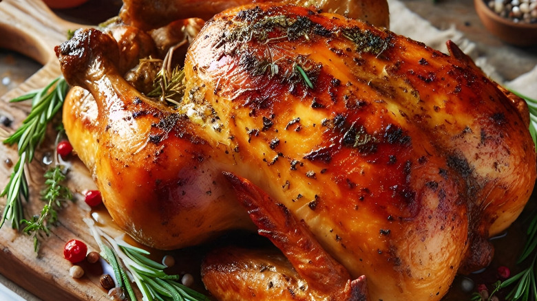 whole roast chicken on cutting board