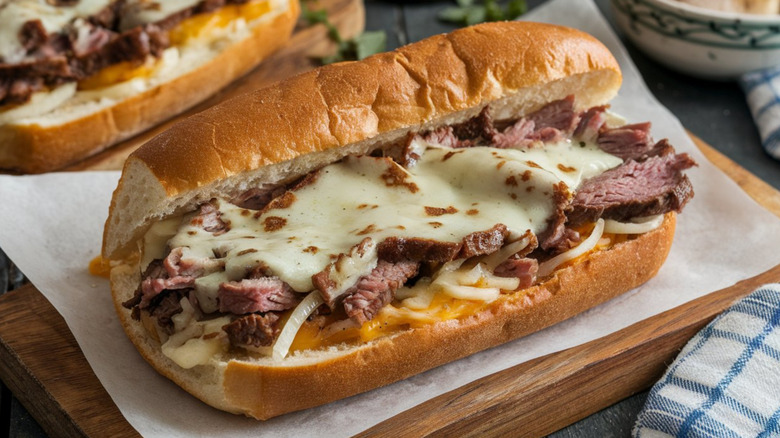 A Philly Cheesesteak on a piece of paper with a wooden block underneath it