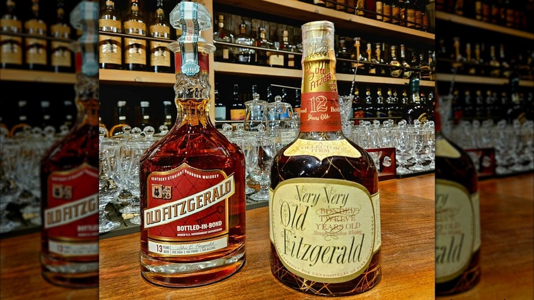 a bottles of Old Fitzgerald bourbon and Very Very Old Fitzgerald bourbon inside a liquor store