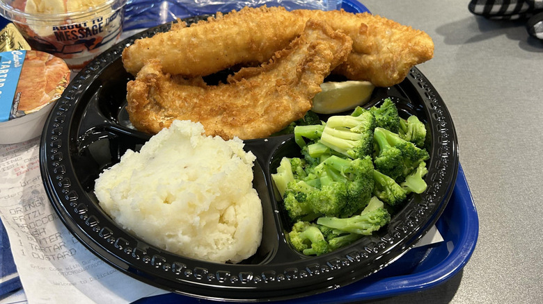 Culver's fried fish plate with broccoli and mashed potatoes