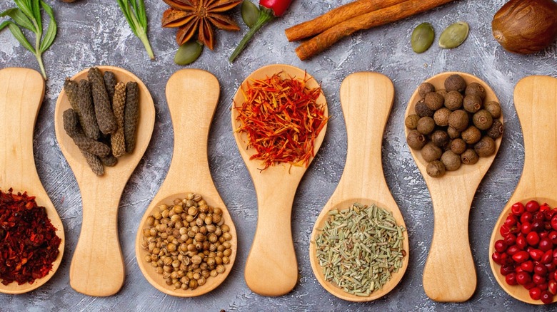 An assortment of exotic spices on wooden spoons.