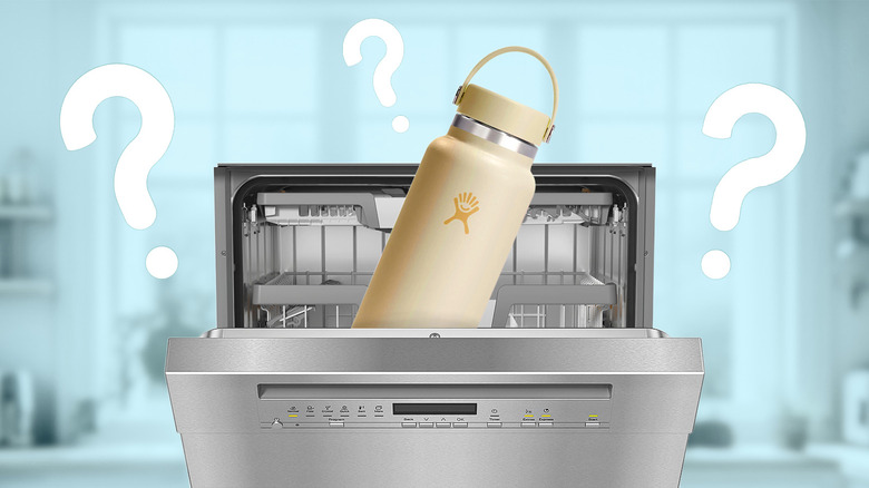 Composite image of Hydro Flask water bottle in dishwasher with blue background and question marks