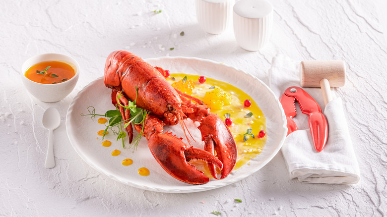 lobster on a light background with lemon and a white plate