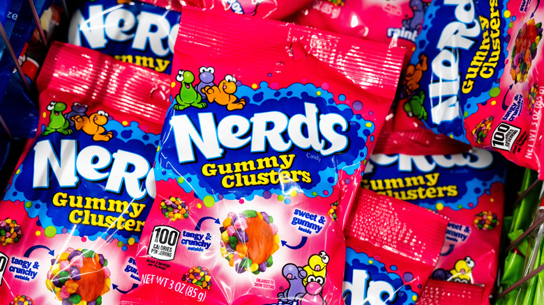 A pile of Nerds Gummy Clusters bags