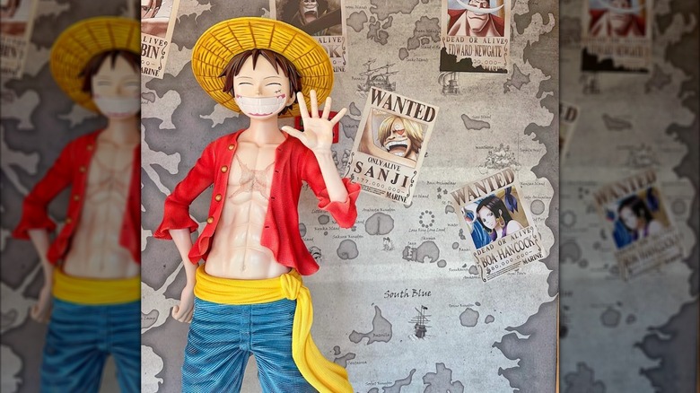 A life-sized Luffy statue inside of All Blue Sushi, a One Piece-themed sushi and hibachi restaurant in Bolingbrook, Illinois