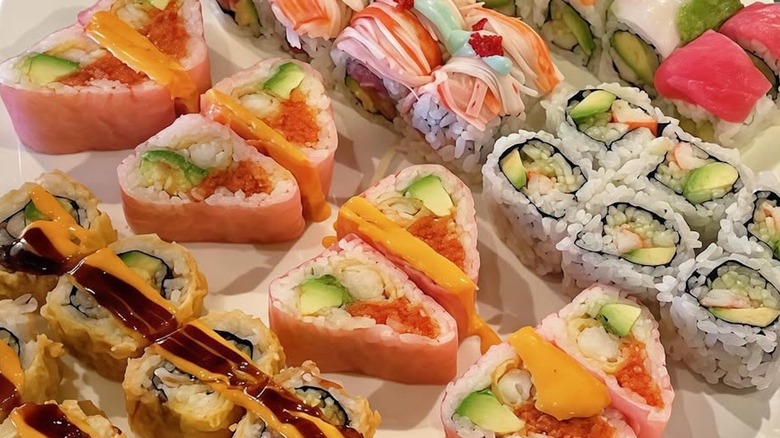 Close-up of assorted sushi rolls from All Blue Sushi, a One Piece-themed sushi and hibachi restaurant in Bolingbrook, Illinois