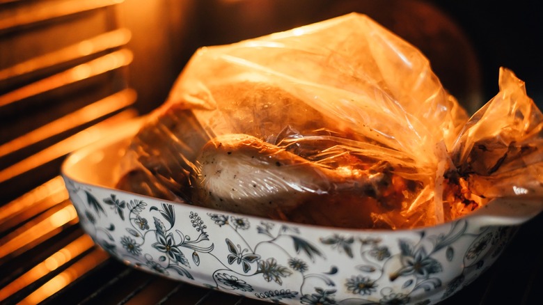 Turkey in oven bag in oven