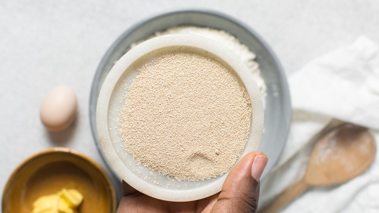 Bowl of yeast above mixing bowl of flour