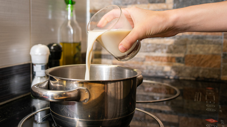 person's hand pouring cup of milk into pot on stove