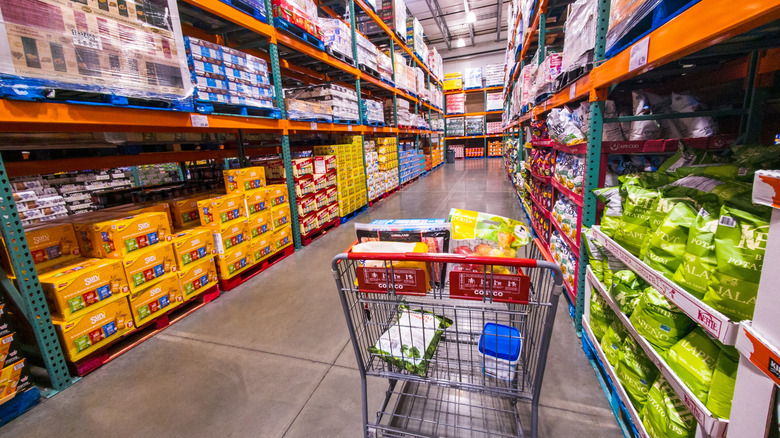 Items in a shopping cart in a Costco warehouse aisle