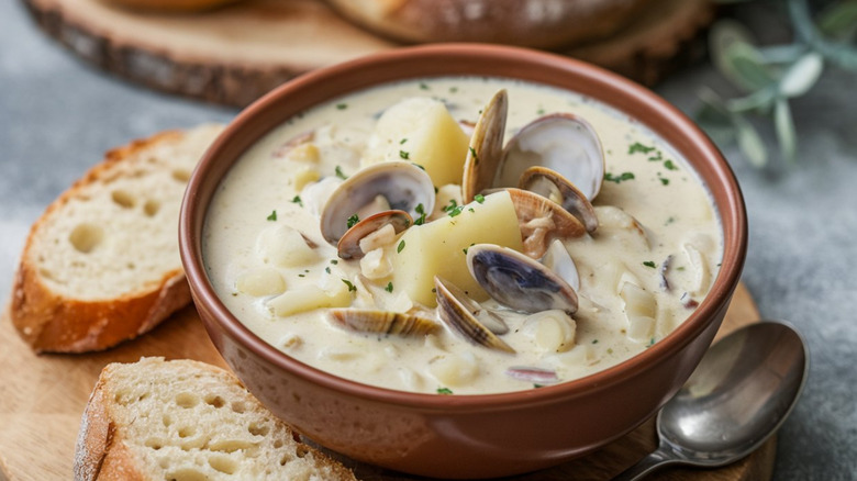 A bowl of clam chowder topped with shells