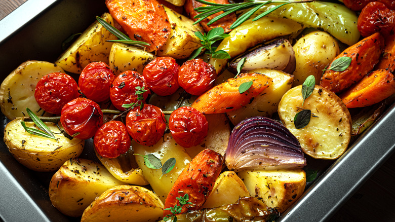 A tray of roasted vegetables