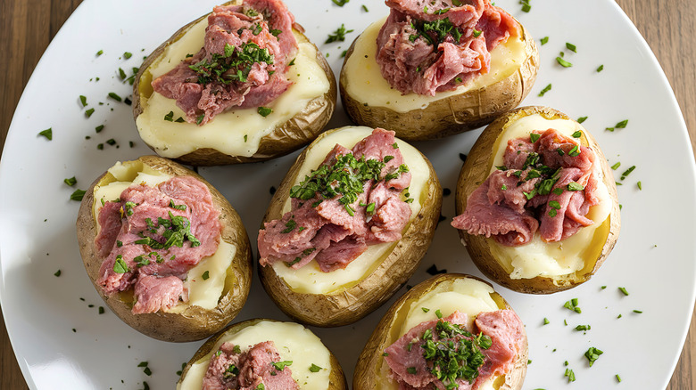 A plate of baked potatoes topped with pastrami and melted cheese
