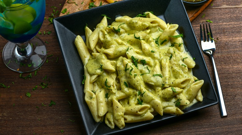 Penne pasta with pesto sauce