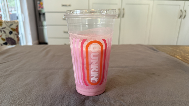 Dunkin' Barbie Double Strawberry Daydream Refresher on grey tablecloth