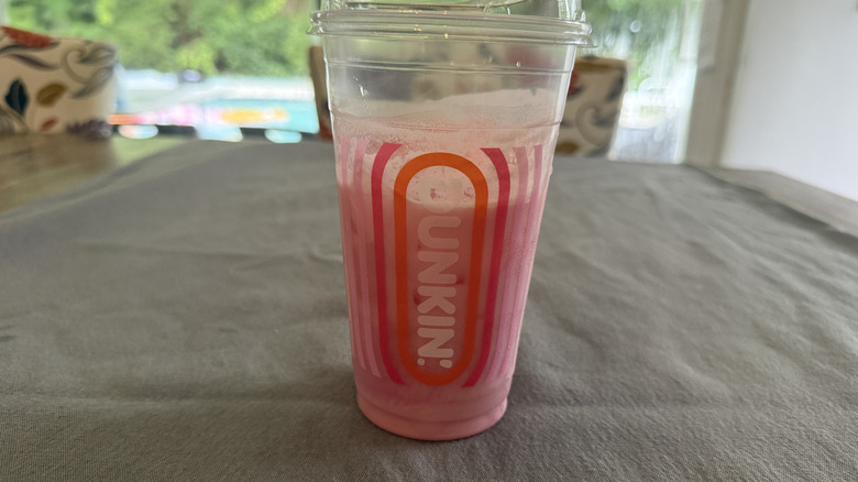 Dunkin' Barbie Pink Pineapple Refresher on grey tablecloth