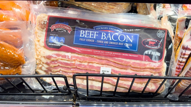 Package of beef bacon in store