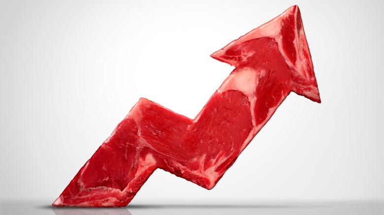 Raw steak shaped as an increasing arrow representing higher grocery bill