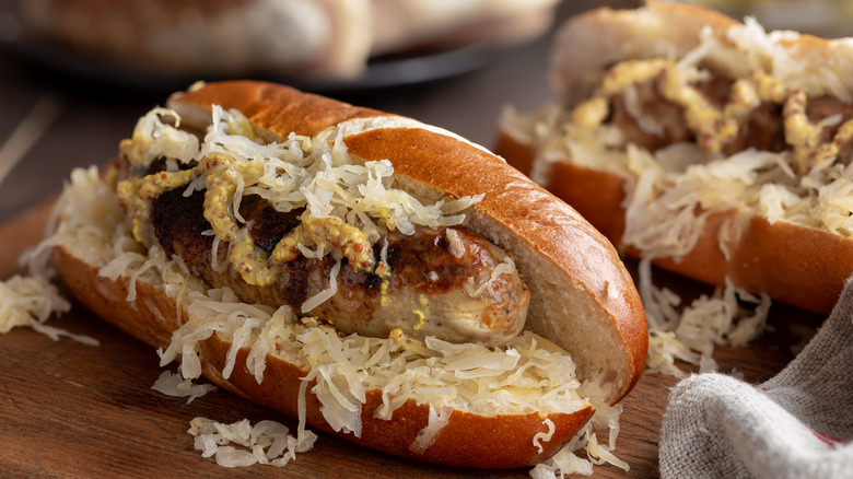 Grilled bratwurst on bun