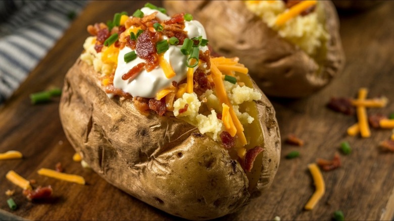Baked potato loaded with sour cream, cheese, bacon, and green onions on a wooden surface