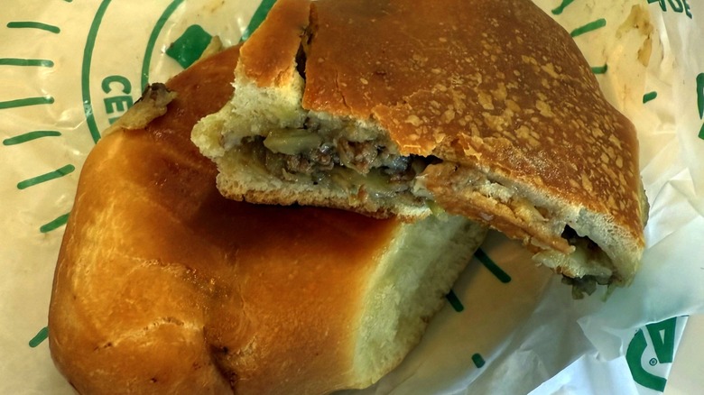 Runza cut in half and served on butcher paper