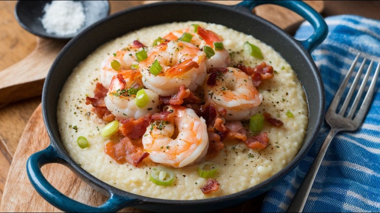 Shrimp and grits in a black bowl garnished with green onions
