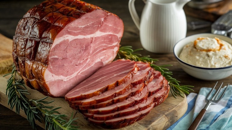 Sliced country ham on a wooden cutting board flanked by rosemary sprigs