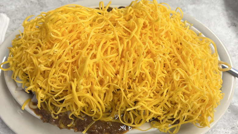 Close-up of the Skyline Chili chili, spaghetti, and cheddar cheese signature dish
