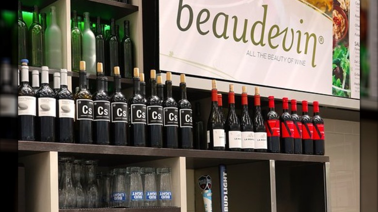 Rows of wine and glasses at Beaudevin inside Chicago O'Hare International Airport﻿
