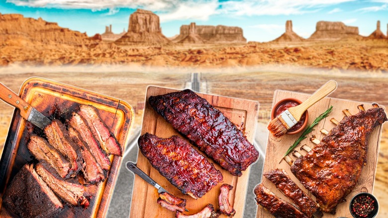Platters of barbecued meats in front of an image of Route 66