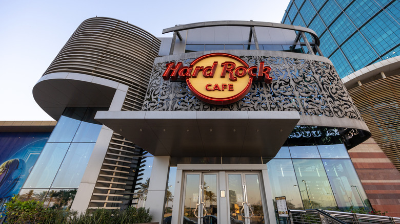 Hard Rock Cafe Exterior from below with restaurant logo over filigree design