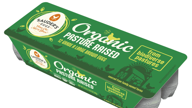 Carton of Sauder's Eggs on a white background