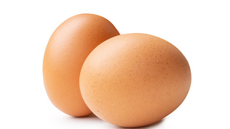 Two brown eggs against a white backdrop