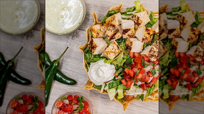 Classic tostada from El Pollo Loco served with creamy dressing, pico de gallo, and garnished with whole jalapeños