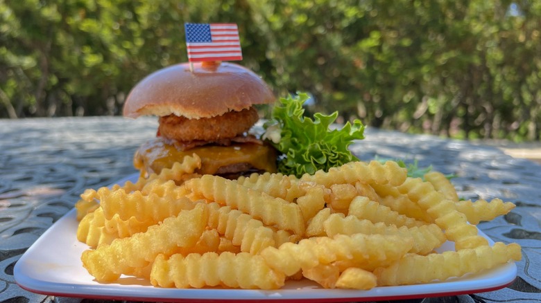 dish consisting of a hamburger with fries in front, decorated with a US flag and served in a park
