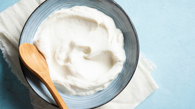 Bowl of Greek yogurt with wooden spoon