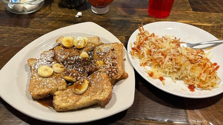 French Toast with fresh bananas and hash browns at The Rusty Bike Cafe