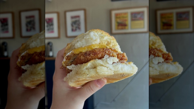 egg and cheese and hash brown biscuit sandwich at Irregardless