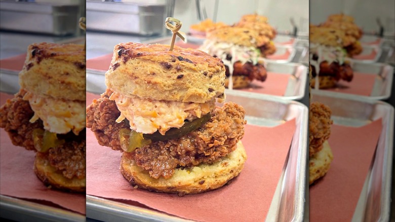 Chicken biscuit with pimento cheese at Mama Jo's Chicken, Biscuits, BBQ restaurant